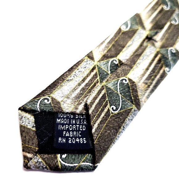 Stafford Executive Silk Tie Brown Green Geometric Print Wide - Picture 5 of 6